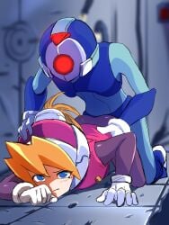 blonde_hair blue_eyes bodysuit ciel_(mega_man) doggy_style from_behind helmet highres mega_man mega_man_zero nat_(nashumash) pantheon_(mega_man) pink_top ponytail rape robot robot_boy sex_machine vaginal_penetration