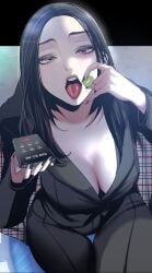 black_hair brave_new_world breasts cha_juhee cleavage eating female female grey_eyes high_resolution holding holding_object holding_smartphone large_breasts long_hair open_mouth sexually_suggestive smartphone solo viewed_from_above yoongonji