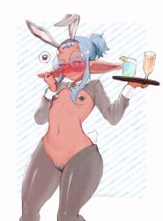 1girls astra_(chikkibug) big_ears blue_hair blush bunny_ears bunny_ears_(cosmetic) bunny_tail chadolbaegi commission detached_collar drinking_glass embarrassed female female_only flat_chest glass glasses goblin goblin_female heart_pasties heavy_blush hi_res hobgoblin humanoid_pointy_ears looking_away narrowed_eyes neck_ribbon nipple_pasties pasties pointy_ears purple_eyes pussy_pasty red_skin reverse_bunnysuit round_glasses solo thick_thighs tied_hair tray