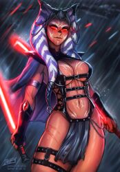 1girls 2d ahsoka_tano ahsoka_tano_(imperial) alien alien_girl athletic_female dual_wielding fingerless_gloves holding_weapon iahfy large_breasts lightsaber loincloth orange_skin red_eyes red_lightsaber revealing_clothes sapsavana scar sith sith_lady skirt solo solo_female star_wars star_wars_rebels togruta voluptuous