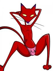 anthro balls_outline bulge cartoon_network clothing courage_the_cowardly_dog domestic_cat felid feline felis genital_outline genitals hands_behind_back hi_res illegaleel katz_(courage_the_cowardly_dog) male mammal mostly_nude penis penis_outline simple_background solo underwear