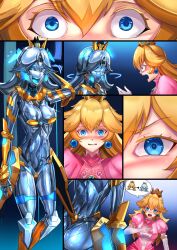 2girls ass barcode blonde_hair blue_eyes breasts comic crown dress earrings gloves ibenz009 large_breasts long_hair mario_(series) metal_transformation metallic_body nintendo pink_dress princess_daisy princess_peach robot robot_girl robotization textless transformation