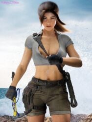 1girls 3d 3dart 3drender bare_midriff belt busty cashmerechaos cleavage clothing crop_top fanart female female_only handwear hourglass_figure human lara_croft lara_croft_(survivor) legwear pale_skin solo tomb_raider weapon wide_hips