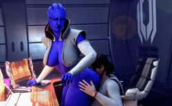 2girls 3d alien alien_girl angry aria_t'loak asari blue_skin bottomless clenched_hands commander_shepard desk dustyboyo face_in_ass female female_only femshep half_naked hand_on_ass hand_on_hip hoodie huge_ass interspecies light-skinned_female mass_effect purple_skin red_hair yuri