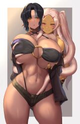 2girls bikini black_hair breast_grab breasts groping hair_tentacles hotpants huge_breasts monster_girl murasaki_nami navel original pink_hair pointy_ears red_eyes short_hair short_shorts shorts tentacle thick_thighs twintails yellow_eyes