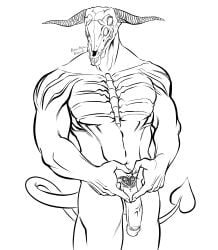 4_eyes bones bowbowbowie capra_demon caprine caprine_demon dark_souls demon demon_tail flaccid fromsoftware heart_hands horns line_art male male_only monochrome monster multi_eye muscular muscular_male penis pubic_tattoo sapsavana sharp_claws sharp_fingernails skull_head solo tail uncensored veiny_penis