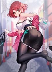 1girls ass back black_skirt breasts casual casual_clothes earrings hand_on_ass high_heels jacket jacket_partially_removed large_breasts looking_at_viewer looking_back nintendo no_shoes outside pantyhose pencil_skirt pink_jacket purse pyra red_eyes red_hair ririko_(zhuoyandesailaer) shirt shopping_bag short_hair shoulder_bag sideboob skirt strapless_shirt thighhighs white_high_heels white_shirt xenoblade_(series) xenoblade_chronicles_2