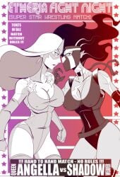 2girls big_breasts breasts dark_hair female female_focus female_only great_dude implied_fight light_hair long_hair looking_at_another milf multiple_girls queen_angella shadow_weaver she-ra_and_the_princesses_of_power wrestling wrestling_mask wrestling_outfit