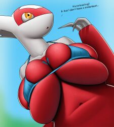 2021 anthro anthrofied big_breasts bikini blue_clothing blue_swimwear breasts bulging_breasts cleavage cleavage_overflow clothed clothing creatiffy digital_media_(artwork) dragon female generation_3_pokemon hi_res huge_breasts latias legendary_pokemon nintendo open_mouth pokémon_(species) pokemon pokemon_(species) pokemorph simple_background skimpy skimpy_bikini solo swimwear under_boob