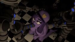 1girls 2boys 3d blowjob checkered_floor endo-01_(fnaf) endoskeleton five_nights_at_freddy's kneeling male/female metal_penis metallic_body nightbotgrey on_knees oral purple_body purple_eyes purple_girl purple_guy_(fnaf) purple_hair purple_skin robot robot_on_human robot_penis rule_63 security_guard security_hat straight tagme threesome william_afton