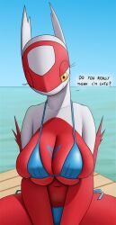 2022 anthro anthrofied bikini breasts bulging_breasts cleavage clothed clothing creatiffy dragon english_text female generation_3_pokemon hi_res latias legendary_pokemon multicolored_body nintendo one_eye_closed pokémon_(species) pokemon pokemon_(species) pokemorph side-tie_bikini solo swimwear text two_tone_body water wink