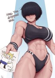 1girls abs absurd_res artist_signature athletic_bikini bangs bangs_over_eyes biceps black_hair black_panties black_sports_bra cameltoe clothed clothed_female clothing covered_eyes english_text eyes_covered hair_between_eyes hi_res holding_paper large_breasts looking_at_viewer melty_blood muscular muscular_arms muscular_female muscular_thighs neco-arc original original_character pale-skinned_female quads scar scar_on_face short_hair signature simple_background smile speedl00ver sports_bra sports_panties tomboy tsukihime type-moon viewed_from_below wristband