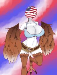 america big_breasts clothing countryhumans countryhumans_girl no_pupils redcosmos shorts simple_background united_states_of_america_(countryhumans) white_eyes wings