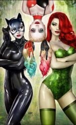 3girls batman_(series) big_breasts blonde_hair bodysuit cat catsuit catwoman curvy curvy_female curvy_figure dc dc_comics dyed_hair female female_only gotham_city_sirens green_skin harley_quinn latex light-skinned_female multicolored_hair multiple_girls nathan_szerdy pale-skinned_female pigtails poison_ivy red_hair tight_clothing villain villainess