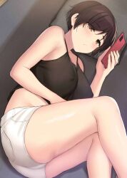 ass cccpo exposed_midriff large_breasts laying_on_couch laying_on_side on_phone short_hair shorts thick_thighs tomboy tomboy_childhood_friend_(cccpo) very_short_hair