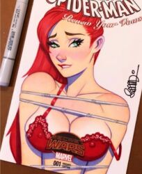 1girls big_breasts biting_lip blush blushing bra breasts curvy curvy_female female female_only huge_breasts light-skinned_female lipstick marvel marvel_comics mary_jane_watson milf mother red_hair scott_blair scottblairart secret_wars spider-man_(series) underwear voluptuous voluptuous_female