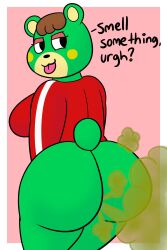 1girls alternate_version_at_source animal_crossing ass bear bear_girl charlise_(animal_crossing) english_text fart fart_cloud fart_fetish farting fat_ass no_panties simple_background text tongue_out yellowwood578