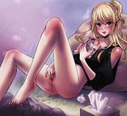 anpsart artist_name barefoot blonde_hair blush bottomless caught caught_in_the_act caught_masturbating citrus_(saburouta) english_commentary feet female female_masturbation fingering green_eyes highres indoors jewelry lips long_hair looking_at_viewer lying magazine_(object) masturbation nail_polish on_back pants pants_removed pillow pussy ring solo sweat tank_top tissue_box toenail_polish toenails toes used_tissue wedding_ring