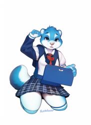 anthro awtter blue_eyes blue_fur boltzq boltzq_(awtter) curvy curvy_figure curvy_hips femboy feminine_male furry girly laptop miniskirt otter submissive submissive_male