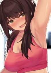 arm_up brown_eyes cccpo large_breasts long_hair smile sports_bra sweat