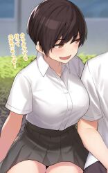 1boy cccpo female large_breasts open_mouth short_hair smile thick_thighs tomboy very_short_hair