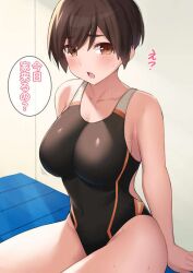 blush blushing_at_viewer brown_eyes cccpo competition_swimsuit large_breasts looking_at_viewer open_mouth short_hair sitting_on_bench thick_thighs tomboy very_short_hair