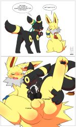 anthro black_penis bodily_fluids candy chocolate cum cum_in_mouth cum_inside dessert duo eeveelution feral food food_fetish food_play generation_1_pokemon generation_2_pokemon genital_fluids genitals hi_res jolteon knot male male/male miau nintendo oral oral_penetration penetration penis pokémon_(species) pokemon pokemon_(species) umbreon