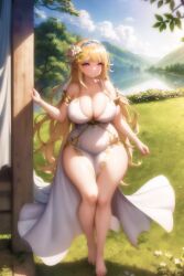 ai_generated blonde_hair chubby_cheeks cleavage curvy dress large_breasts outdoors self_upload stable_diffusion tagme toga very_long_hair