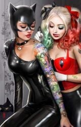 2girls batman_(series) big_breasts blonde_hair cat catwoman clothed collar dc dc_comics female female_only gotham_city_sirens harley_quinn light-skinned_female light_skin lips lipstick multiple_girls nathan_szerdy tattoo tattoos thighs tight_clothing villain villainess