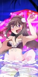 akemi_homura beach bikini black_hair breast_grab breasts flower human human_only long_hair magical_girl mahou_shoujo_madoka_magica nervous palm_tree pool puella_magi_madoka_magica purple_eyes sara_(arorasyeimi) sea seaside small_breasts solo_female straight swimsuit teenage_girl teenager unseen_male_face white_skin young