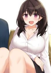 button_down_shirt cccpo large_breasts long_hair purple_eyes sitting_down smile thick_thighs