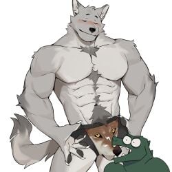 1:1 5_fingers abs absurd_res anthro bite black_pawpads blush blush_lines bulge bulge_bite canid canine canis claws closed_eyes clothed clothing countershade_fur countershade_torso countershading duo fingers fur gakujo grey_body grey_fur hi_res inner_ear_fluff male male_only mammal meme meme_clothing muscular muscular_anthro muscular_male pawpads pecs scalie simple_background smile tail tuft underwear underwear_only white_background wolf