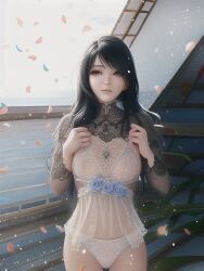 ai_generated black_hair bodysuit breast breasts cute female female_focus female_only lace lace-trimmed_panties lacey lingerie stable_diffusion white_panties