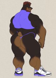 1boy anthro ass bara_ass beard big_ass big_ass_(male) big_butt black_fur body_fur brown_fur bubble_ass bubble_butt canine crop_top dumptruck_ass dumptruck_butt ear_piercing earrings facial_hair fat_ass fat_butt furry huge_ass huge_butt hunnipanda male male_only male_thong muscles muscular_ass muscular_back muscular_butt muscular_male mustache plump_ass plump_butt purple_clothing purple_eyes purple_shoes round_ass round_butt sneakers solo thick_ass thick_butt thick_thighs thong