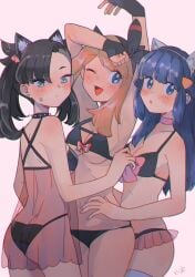 3girls armpits ass bikini black_hair blue_hair blush bow_bra bra breasts cat_ears dawn_(pokemon) k0k0midess kokomi kokomidraws marnie_(pokemon) may_(pokemon) may_(pokemon_oras) open_mouth panties pokemon pokemon_dppt pokemon_oras pokemon_ss see-through underboob underwear underwear_only