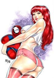 1girls ass big_ass big_breasts breasts child_bearing_hips curvy curvy_female dat_ass ed_benes_studio female female_only fred_benes light-skinned_female lipstick marvel marvel_comics mary_jane_watson red_hair shorts solo straight_hair underwear voluptuous voluptuous_female wide_hips