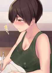 blush cccpo cleavage green_shirt large_breasts nipples_visible_through_clothing sweating tank_top tomboy wet_clothes writing