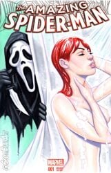 1boy 1girls bath bathing bathroom breasts crossover curvy female ghostface knife light-skinned_female male marvel marvel_comics mary_jane_watson naked naked_female nude nude_female red_hair scary_movie scott_blair scottblairart