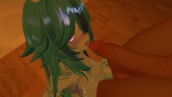 1boy1girl 1girls artsyvrc blowjob blue_body blue_hair blue_skin breasts licking licking_penis nia_(artsyvrc) nipples pink_eyes tagme vrchat