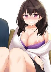 bra_down cccpo exposed_breasts large_breasts long_hair open_shirt purple_bra purple_eyes smile