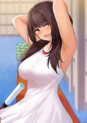 arms_behind_head brown_eyes cccpo large_breasts long_hair open_mouth smile tennis_dress tennis_racket tennis_uniform tying_hair white_dress