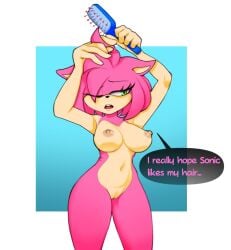 2022 amy_rose anthro areola breasts dialogue english_text eulipotyphlan ezpzxtc female genitals green_eyes hair hedgehog hi_res mammal navel nipples nude pink_hair pussy sega simple_background solo sonic_(series) sonic_the_hedgehog_(series) speech_bubble text