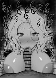 1boy :>= bar_censor big_breasts bleach bleach:_the_thousand-year_blood_war blowjob blush breast_press breasts_out censor_bar censored fellatio female heart-shaped_pupils japanese_text kurotama large_breasts licking_penis looking_at_viewer matsumoto_rangiku mature_female monochrome necklace nipple_bulge nipples penis penis_between_breasts pov shihakusho short_hair sound_effects text vacuum_blowjob vacuum_fellatio