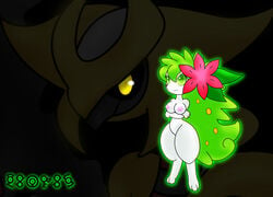 anthro arms_crossed bb breasts flower furry furry_only gb_of_bs generation_4_pokemon giratina glow green_eyes green_hair hair_flower land_forme_shaymin large_hips legendary_pokemon long_hair nintendo nipples pink_flower pokémon_(species) pokemon pokemon_(species) pokemon_dppt shaymin shaymin_(land_form) smile straight_hair thick_thighs white_skin yellow_eyes