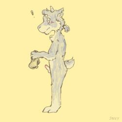 anthro blush bovid caprine chest_tuft clothing erection fur goat grey_body grey_fur hair hi_res holding_clothing holding_object holding_underwear horn male mammal ponytail side_view solo sssnivy69 surprised tuft underwear