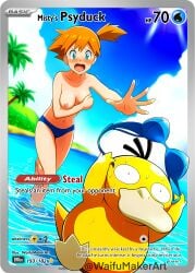 ai_generated beach bikini blush covering_breasts creatures_(company) embarrassed game_freak hi_res high_quality high_resolution highres kasumi_(pokemon) medium_breasts motion_lines nintendo nipples one_breast_out pink_nipples pokemon pokemon_card psyduck running stealing surprised surprised_expression waifumakerart