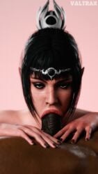 1boy 1girls 3d 3d_render baldur's_gate baldur's_gate_3 black_hair braided_hair dark-skinned_male deepthroat elf_female fellatio green_eyes naked nude oral painted_nails penis_in_mouth pointy_ears pov_eye_contact scar shadowheart sucking_penis valtrax