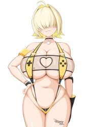 ahoge black_choker blonde_hair breasts censored choker cleavage closed_mouth commentary_request cowboy_shot curvy elegg_(boom_and_shock)_(nikke) elegg_(nikke) female gloves goddess_of_victory:_nikke hair_intakes hair_over_eyes hand_on_own_hip heart heart_censor highres huge_breasts kokuto navel oerba_yun_fang plump short_hair simple_background single_glove slingshot_swimsuit solo stomach swimsuit thighs white_background wide_hips yellow_slingshot_swimsuit