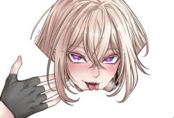 2girls artist_name bang_dream! bang_dream!_it's_mygo!!!!! black_gloves blonde_hair blush clitoral_hood commentary cunnilingus english_commentary female_pov fingerless_gloves gloves gurocchi heart heart-shaped_pupils highres looking_at_viewer meme misumi_uika multiple_girls negative_space negative_space_cunnilingus_(meme) open_mouth oral pov purple_eyes saliva simple_background symbol-shaped_pupils tongue tongue_out white_background yuri