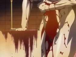 00s 1girls 2002 animated anime_screenshot bible_black bible_black_gaiden bleeding blonde_hair blood blood_on_body blood_on_face blue_eyes breasts candlestand collarbone female female_focus holding_stomach kitami_reika large_breasts nipples nude one_eye_closed ritual short_hair solo struggling tagme tears